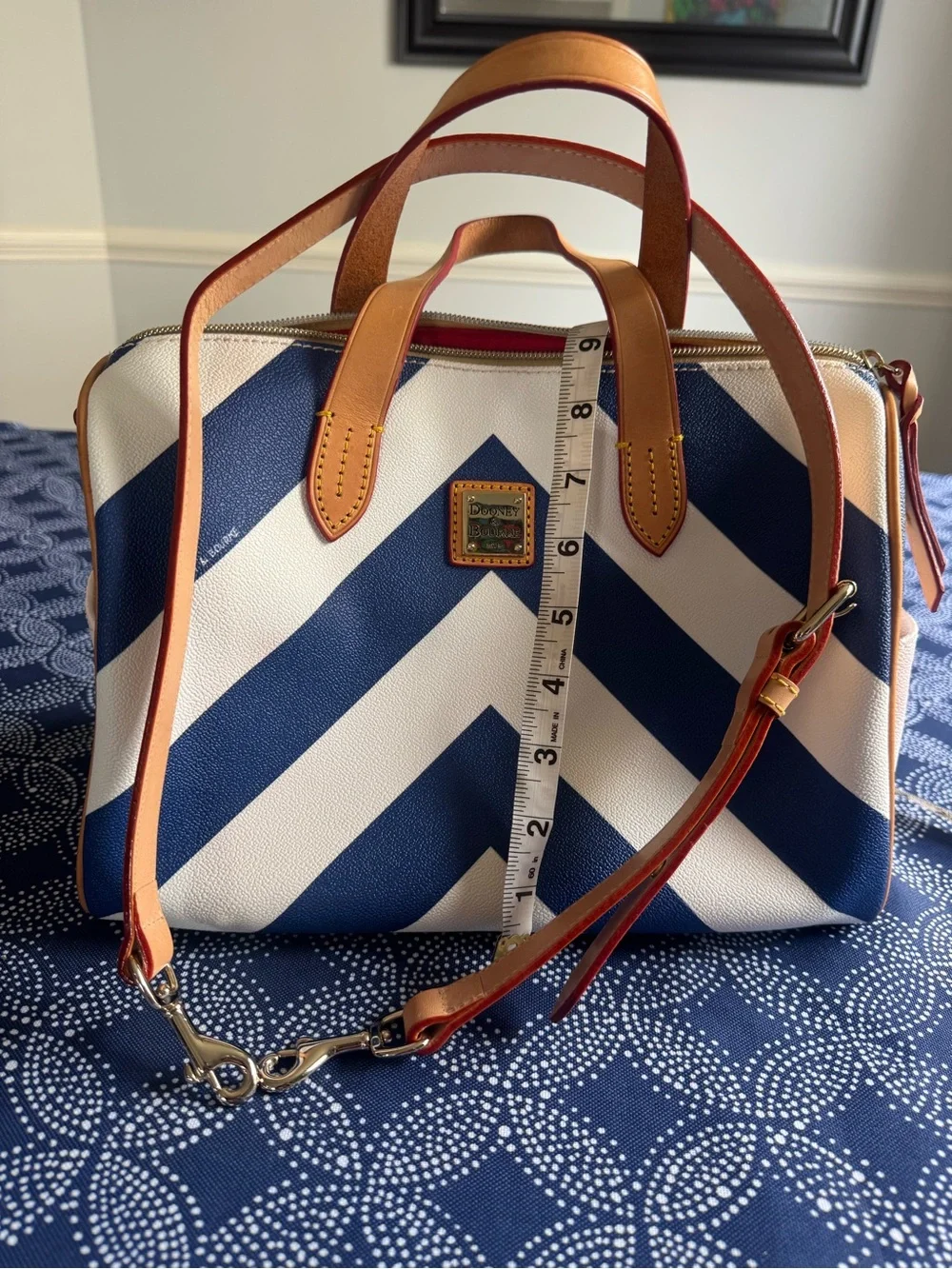 Striped Blue and White Dooney and Bourke Satchel with Tan leather Trim